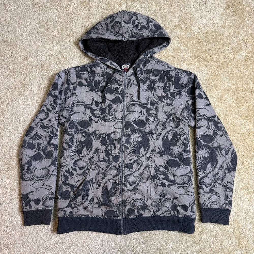 Vintage MMA Elite Hoodie Mens Small Gray Skull All Over Print Sherpa Lined Y2K